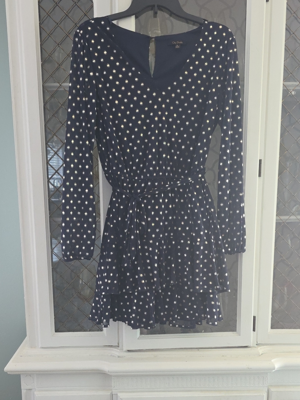 City Studio Navy Polka Dot Tie-Waist Tiered Long Sleeve Dress